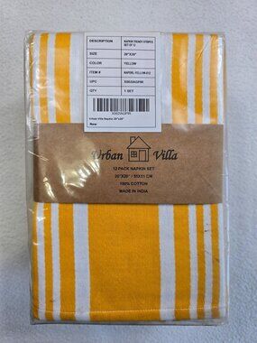 NEW Urban Villa 20x20 Yellow & White Cotton Napkin Set 12 Pack